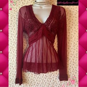 ECI dark red sheer mesh beaded embroidered pleated long sleeve Sz 6 boho blouse